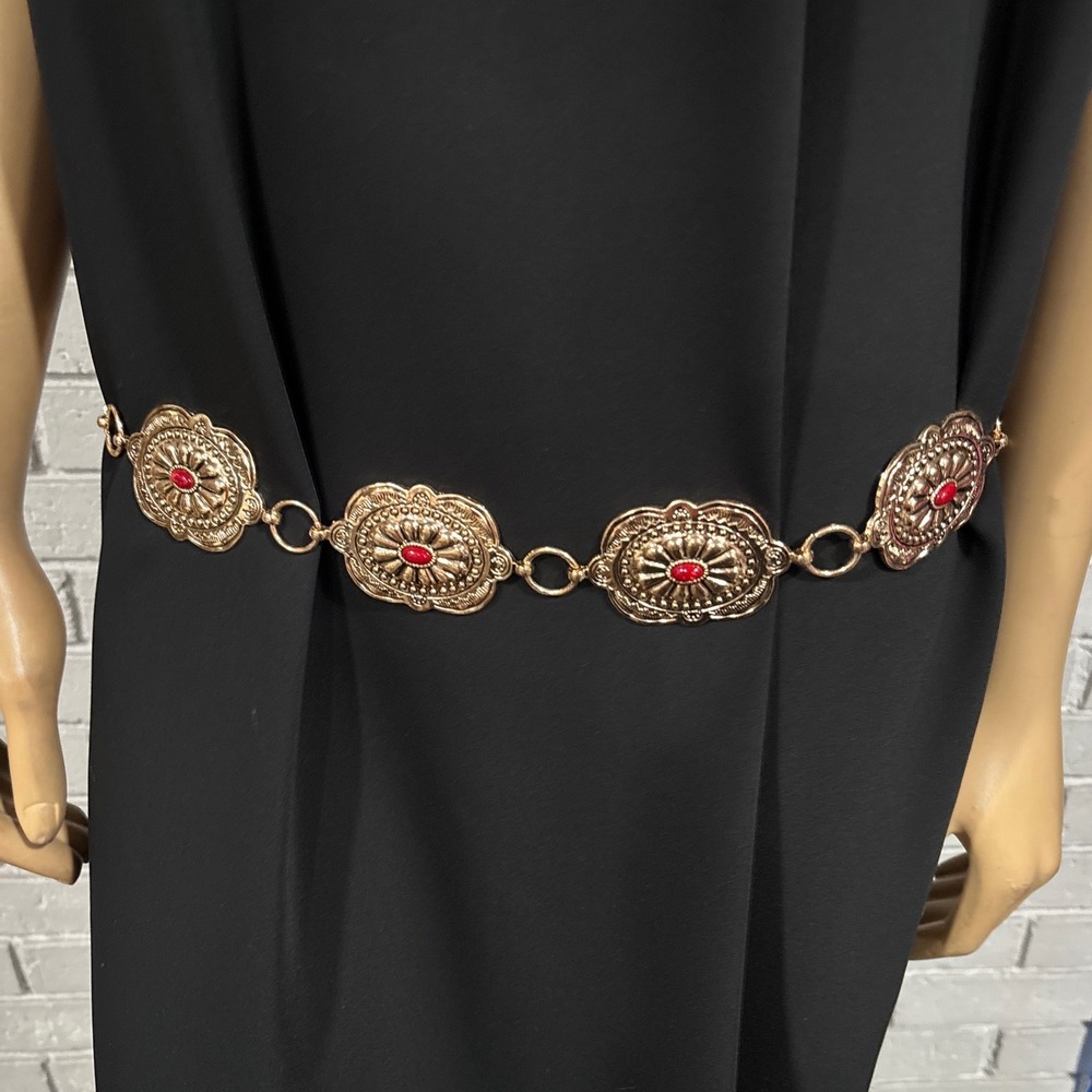 Gold Concho Chain Belt Red Stone Ornate Western Southwestern Boho Adjustable